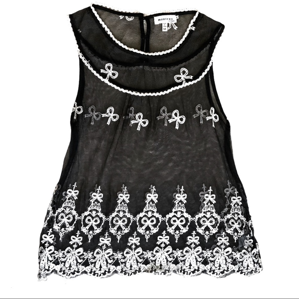 🆕 MONTEAU Black Mesh Cream Embroidered Top NWT